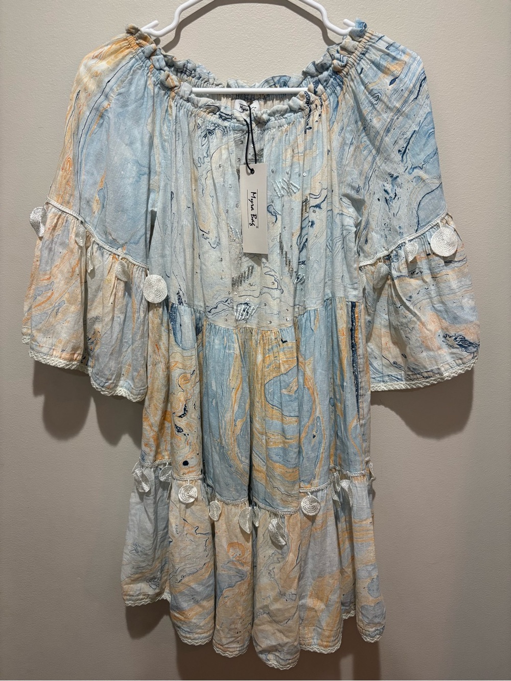 Myra Bag Beaded Marble Print Beach Resort Pom Pom Boho Mini Dress Bell Sleeve
